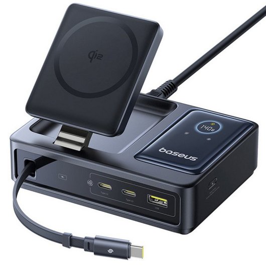 Baseus Nomos Estacion de Carga Inalámbrica 5 en 1 Qi2 140W 2xUSB-C+1xUSB-A Pantalla Digital LED