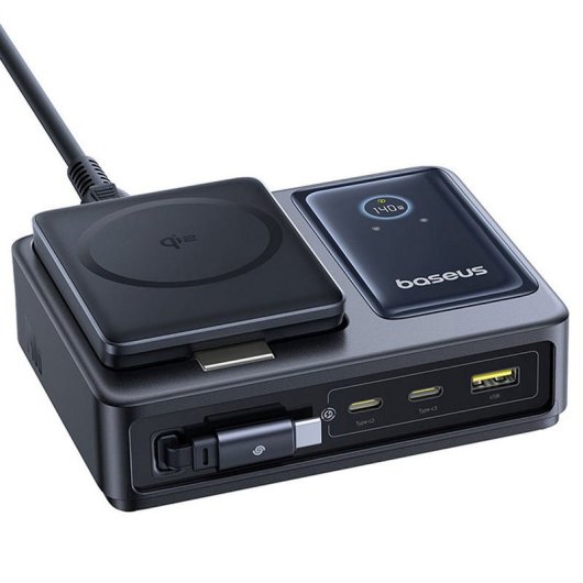 Baseus Nomos Estacion de Carga Inalámbrica 5 en 1 Qi2 140W 2xUSB-C+1xUSB-A Pantalla Digital LED