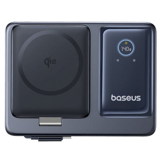 Baseus Nomos Estacion de Carga Inalámbrica 5 en 1 Qi2 140W 2xUSB-C+1xUSB-A Pantalla Digital LED