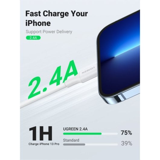UGREEN 20728 USB-A-Stecker auf LIGHTNING-Kabel. Mfi-zertifiziert. 1 Meter. Farbe: Weiß. Kompatibel mit iPhone, iPad, iPod. Weiß