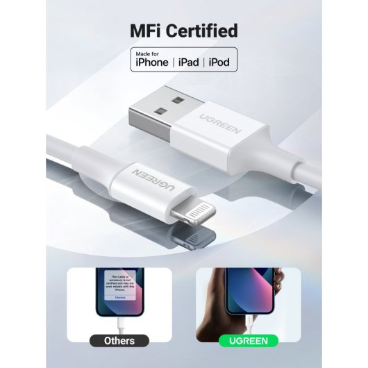 UGREEN 20728 USB-A-Stecker auf LIGHTNING-Kabel. Mfi-zertifiziert. 1 Meter. Farbe: Weiß. Kompatibel mit iPhone, iPad, iPod. Weiß