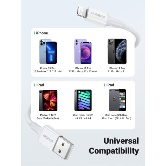 UGREEN 20728 USB-A-Stecker auf LIGHTNING-Kabel. Mfi-zertifiziert. 1 Meter. Farbe: Weiß. Kompatibel mit iPhone, iPad, iPod. Weiß