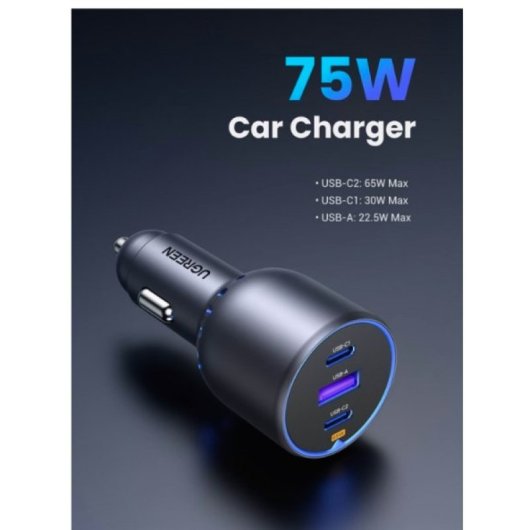 Chargeur de voiture rapide UGREEN 35024 75 W 2 ports USB-C et 1 port USB-A. Pour iPhone 16/15/14, Samsung Galaxy S24/23, Métal