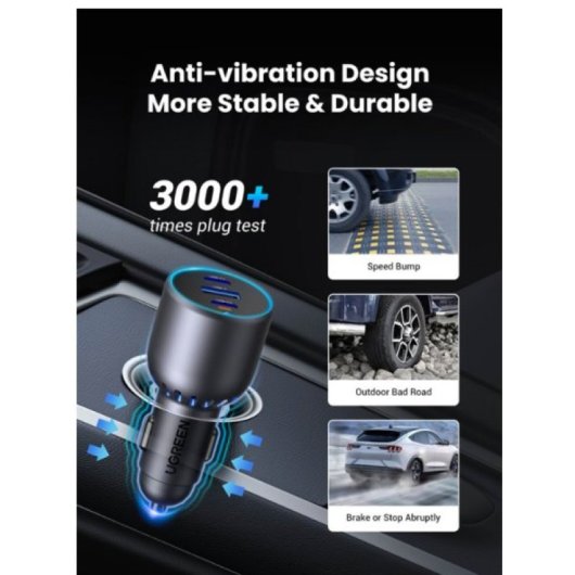 Chargeur de voiture rapide UGREEN 35024 75 W 2 ports USB-C et 1 port USB-A. Pour iPhone 16/15/14, Samsung Galaxy S24/23, Métal