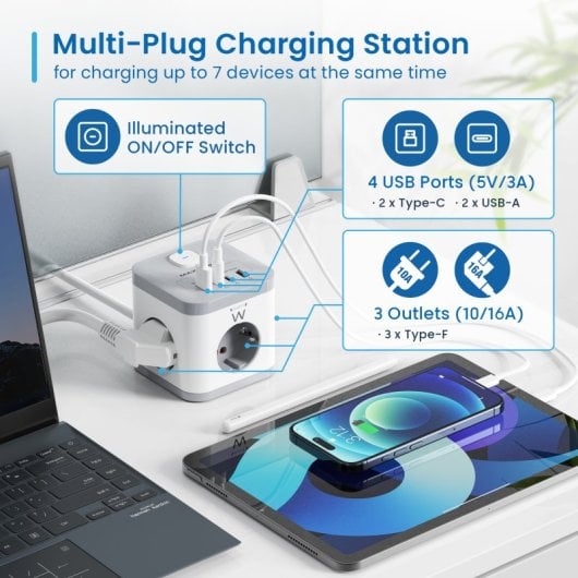 BLOC MULTIPRISE EWENT 3 PRISES SHUCKO + 2 USB-A + 2 USB-C