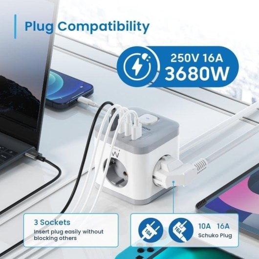Régua de tomadas Ewent EW3863 3 Tomadas 2 USB-A 2 USB-C com Proteção e Interruptor
