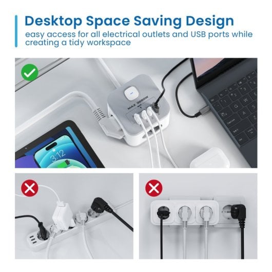BLOC MULTIPRISE EWENT 3 PRISES SHUCKO + 2 USB-A + 2 USB-C