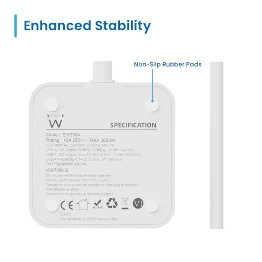Ewent EW3864 Bloco com 8 Tomadas Shucko + 2x USB-A + 2x USB-C 5V/3A PD/QC 3.0 Branco
