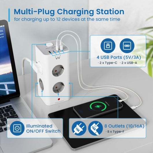 Ewent EW3864 Bloco com 8 Tomadas Shucko + 2x USB-A + 2x USB-C 5V/3A PD/QC 3.0 Branco
