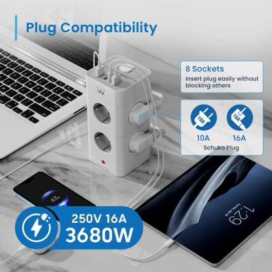 Ewent EW3864 Bloco com 8 Tomadas Shucko + 2x USB-A + 2x USB-C 5V/3A PD/QC 3.0 Branco