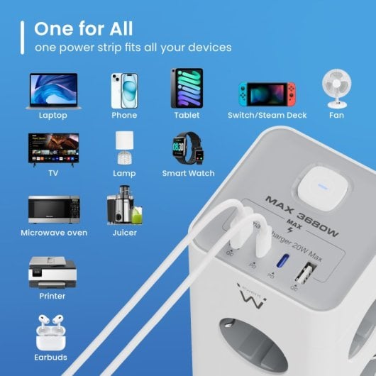 Ewent EW3864 Bloco com 8 Tomadas Shucko + 2x USB-A + 2x USB-C 5V/3A PD/QC 3.0 Branco