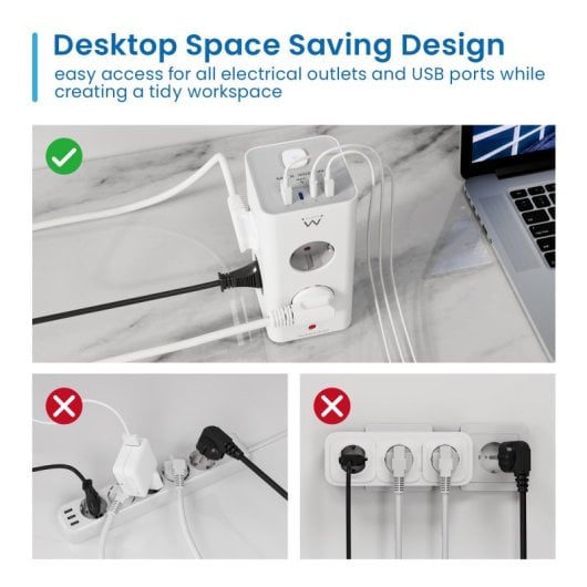 Ewent EW3864 Bloco com 8 Tomadas Shucko + 2x USB-A + 2x USB-C 5V/3A PD/QC 3.0 Branco