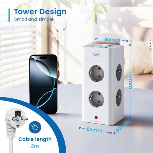 Ewent EW3864 Bloco com 8 Tomadas Shucko + 2x USB-A + 2x USB-C 5V/3A PD/QC 3.0 Branco