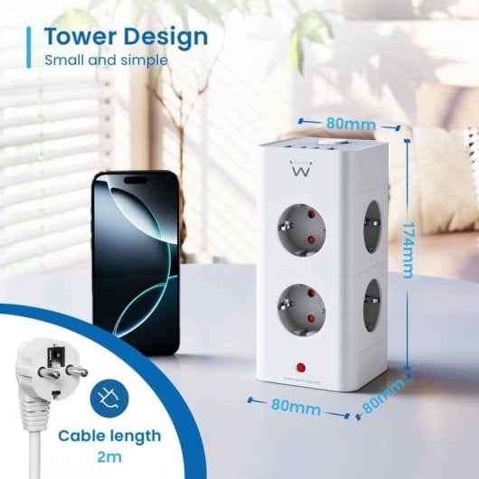 Multiprise Ewent EW3864 8 Prises 2 USB-A 2 USB-C avec Protection et Interrupteur