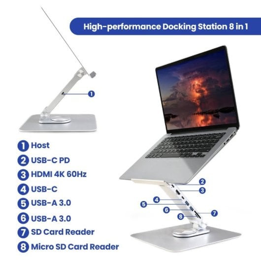 Ewent EW1269 Soporte para Portátil de Aluminio Multipuerto HDMI 4K/2x USB-A 3.0/USB-C 3.0/PD 100W/SD