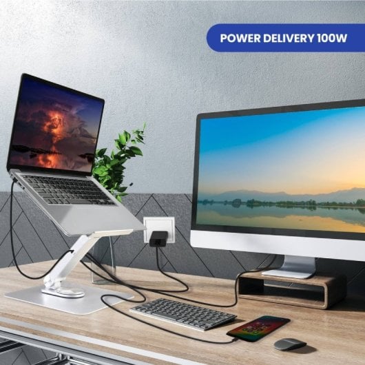Ewent EW1269 Soporte para Portátil de Aluminio Multipuerto HDMI 4K/2x USB-A 3.0/USB-C 3.0/PD 100W/SD