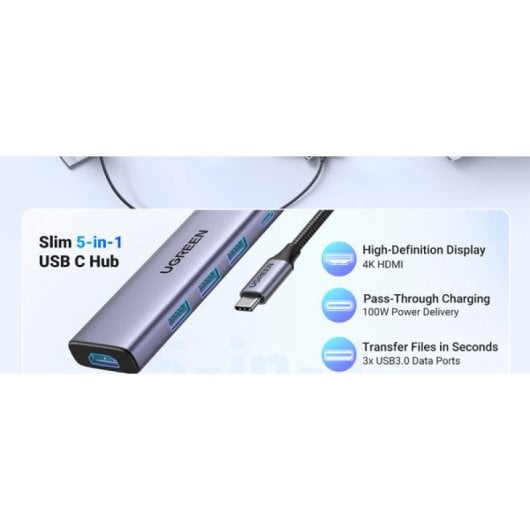 Ugreen 15596 HUB 5 en 1 USB-C a HDMI/3x USB 3.2/USB-C Gris
