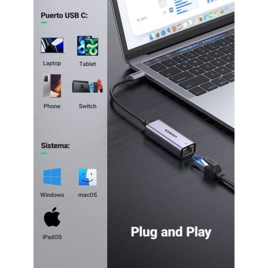 Ugreen 50737 Adaptador USB C-Ethernet 1000 Mbit/s Gris