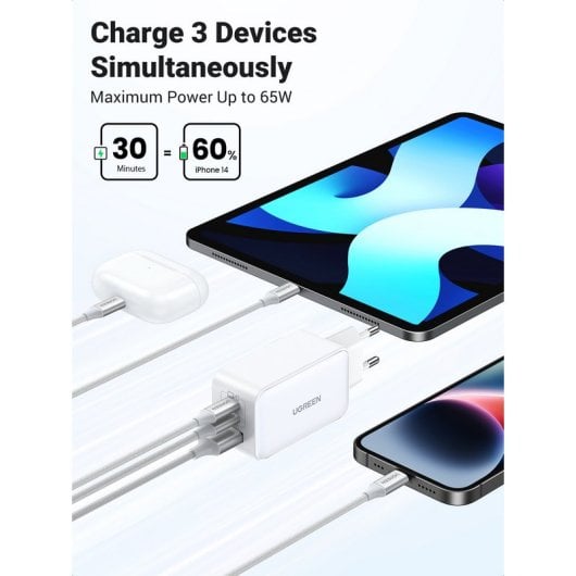 Ugreen Nexode Cargador Carga Rápida Gan 65w 2 USB-C + 1 USB-A Blanco
