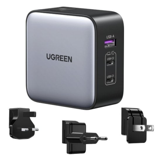Ugreen Nexode Cargador Carga Rápida GaN 65W 2 USB-C + 1 USB-A Gris