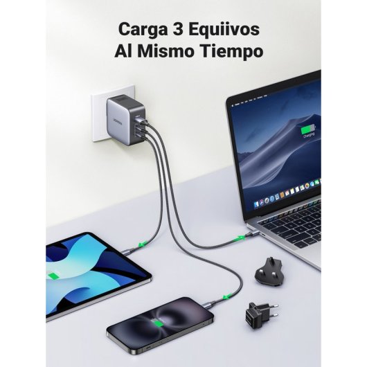 Ugreen Nexode Cargador Carga Rápida GaN 65W 2 USB-C + 1 USB-A Gris