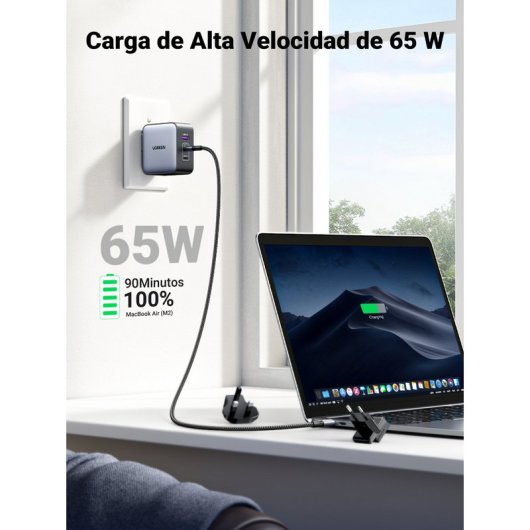 Ugreen Nexode Cargador Carga Rápida GaN 65W 2 USB-C + 1 USB-A Gris