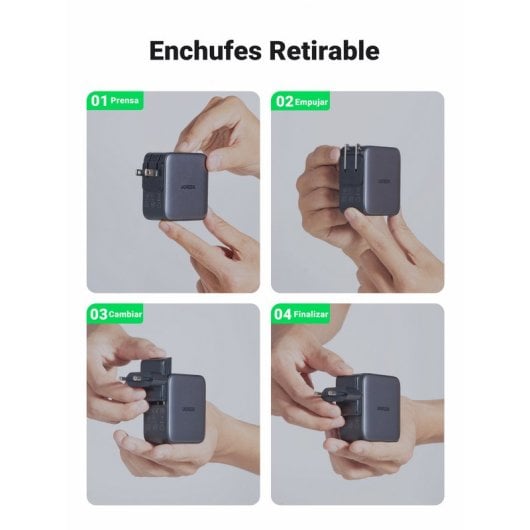 Ugreen Nexode Cargador Carga Rápida GaN 65W 2 USB-C + 1 USB-A Gris