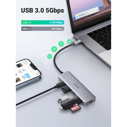 Ugreen 70336 HUB 4 en 1 USB-C a 3 USB-A 3.0/Micro USB Gris