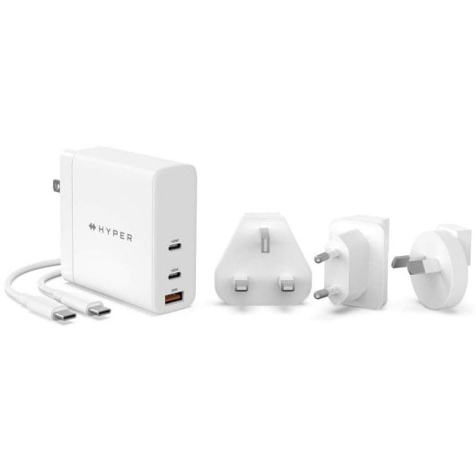 Hyper Targus HyperJuice 140 W GaN PD3.1 3-Port-Wandladegerät + 2 m USB-C-auf-USB-C-PD3.1-Kabel + Reiseadapter