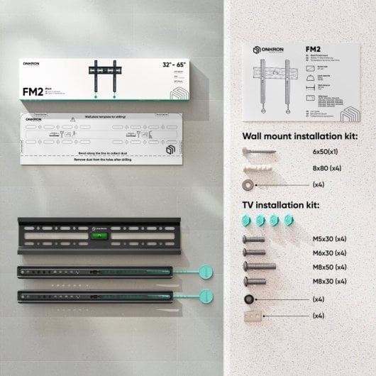 Support mural TV Onkron 32 à 65 pouces - Support mural TV universel avec poids jusqu'à 50 kg - Support mural TV fixe avec Vesa max 400x400 mm / Support mural TV fixe FM2-B Noir