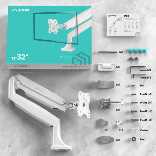 Onkron G100-w Brazo para Monitor 13-32" Peso 9Kg Vesa 75x75/100x100 Giratorio e Inclinable Blanco