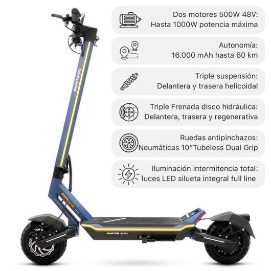 Trottinette électrique Smartgyro Raptor Dual Evo 2x1000W 60km 16000mAh Homologuée DGT