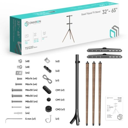 Onkron Support TV et trépied TV au sol 32 à 65 pouces - Support TV universel avec poids jusqu'à 35 kg - Support TV au sol avec Max Vesa 400x400 / Support TV pivotant TS1220-B Noir