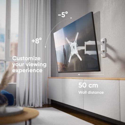Support mural pour téléviseur Onkron de 32 à 65 pouces - Support mural pour téléviseur avec pince jusqu'à 35 kg - Bras TV universel avec Vesa max 400 x 400 mm / Support mural pour téléviseur inclinable et pivotant M4-w Blanc