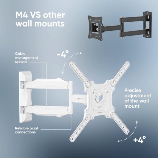 Support mural pour téléviseur Onkron de 32 à 65 pouces - Support mural pour téléviseur avec pince jusqu'à 35 kg - Bras TV universel avec Vesa max 400 x 400 mm / Support mural pour téléviseur inclinable et pivotant M4-w Blanc
