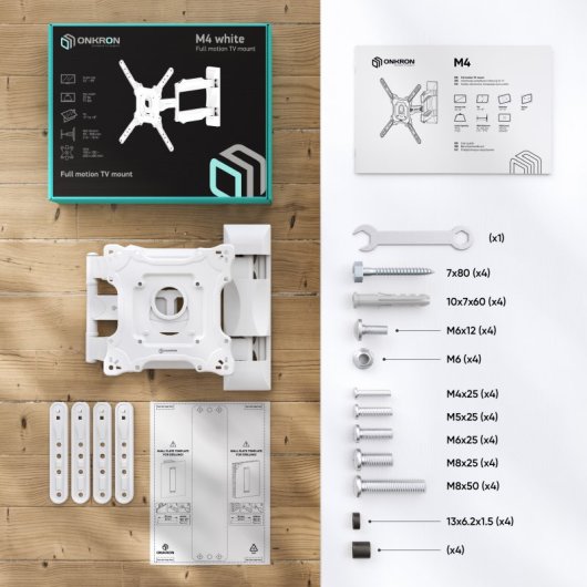 Support mural pour téléviseur Onkron de 32 à 65 pouces - Support mural pour téléviseur avec pince jusqu'à 35 kg - Bras TV universel avec Vesa max 400 x 400 mm / Support mural pour téléviseur inclinable et pivotant M4-w Blanc
