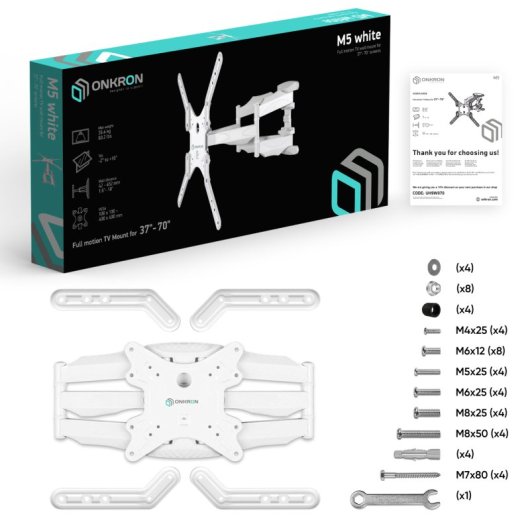 Support TV Onkron 37 à 70 pouces - Support mural pour téléviseur avec poids jusqu'à 36,4 kg - Support mural pour téléviseur suspendu avec Vesa 100x100 - Vesa 400x400 mm / Support TV pivotant et inclinable M5-w Blanc