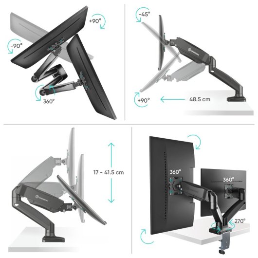Supporto per monitor Onkron G160-B da 13 a 32" con doppio braccio, fino a 8 kg, Vesa 100x100, nero