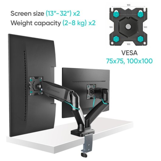 Supporto per monitor Onkron G160-B da 13 a 32" con doppio braccio, fino a 8 kg, Vesa 100x100, nero