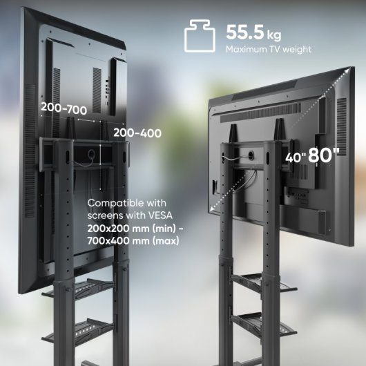 Onkron TS2771-B Soporte Pie Regulable con Ruedas TV 40 A 80" Hasta 55Kg Vesa 700x400 Negro