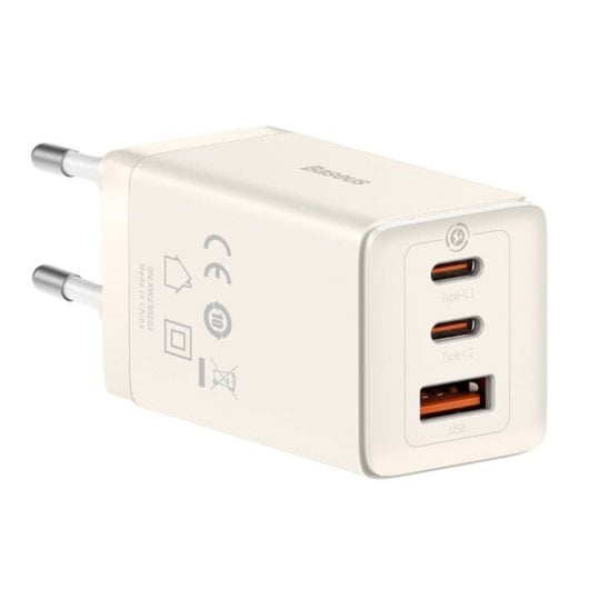 Chargeur Baseus GaN5 Pro 2 USB-C et 1 USB 65W Blanc + Câble USB-C vers USB-C 100W blanc