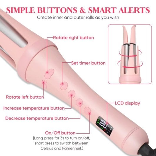 Klack Curler Rizador de Pelo Automático con 4 Ajustes de Temperatura, Sin Daño, Rosa