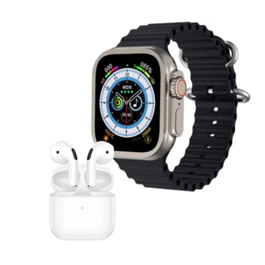 Klack Ultra Reloj Smartwatch Negro con Auriculares Inalámbricos Pro5 Blancos y 2 Correas