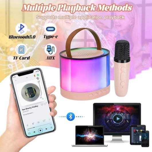 Klack Altavoz Portátil de Karaoke con Un Micrófono, Luces LED y Efectos de Cambio de Voz Rosa