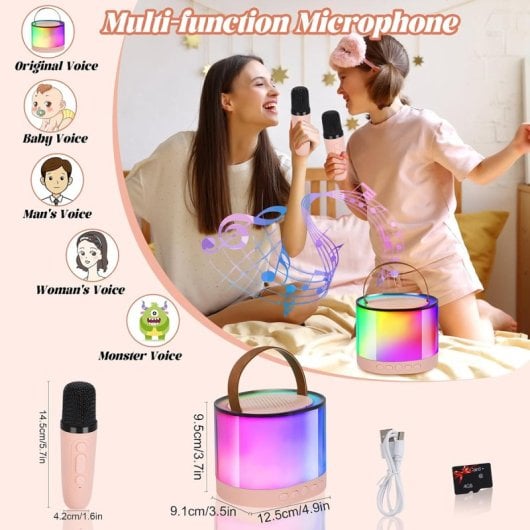 Klack Altavoz Portátil de Karaoke con Un Micrófono, Luces LED y Efectos de Cambio de Voz Rosa