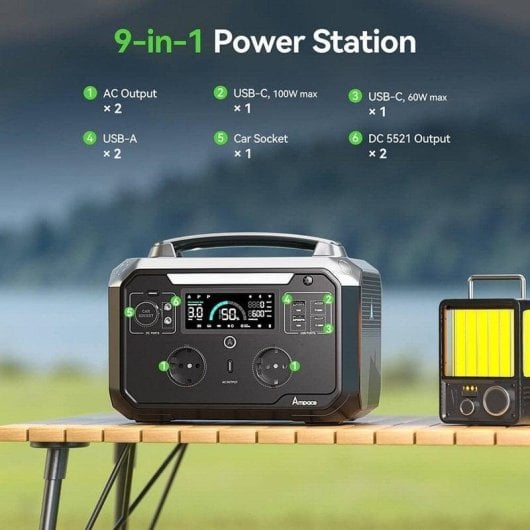 Energie-Station Ampace ANDES 600 Pro 584Wh 9 Anschluesse LiFePO4 Ultraschnelles Laden App-Steuerung LED-Licht Solar-kompatibel