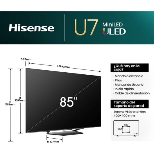 Hisense 85U7NQ 85" Mini-LED UltraHD 4K 144Hz IMAX Dolby Vision