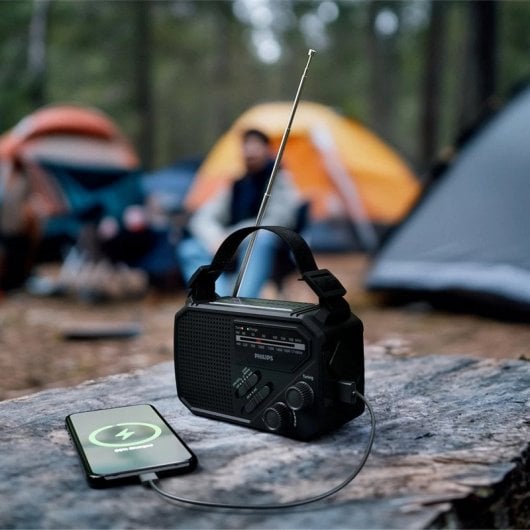 Philips TAR1609/00 Radio Portátil FM/AM con Linterna Integrada y Carga por USB-C, Solar o Manivela