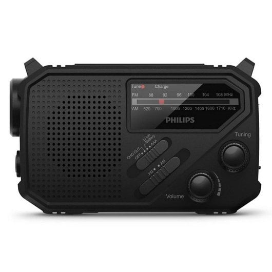 Philips TAR1609/00 Radio Portátil FM/AM con Linterna Integrada y Carga por USB-C, Solar o Manivela