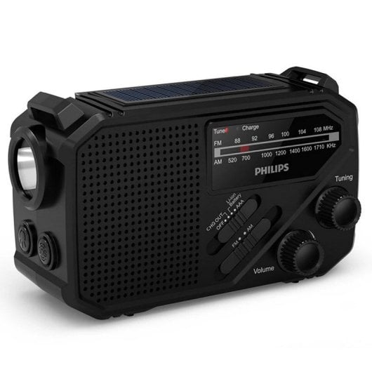 Philips TAR1609/00 Radio Portátil FM/AM con Linterna Integrada y Carga por USB-C, Solar o Manivela